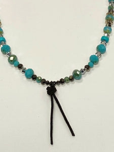 Turquoise Bead Necklace With Smokey Crystals And Leather