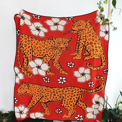 Leopard in Flower Patch Knit Blanket