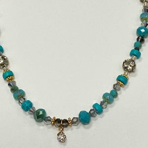 Turquoise Bead Necklace With Rhinestones and Charm